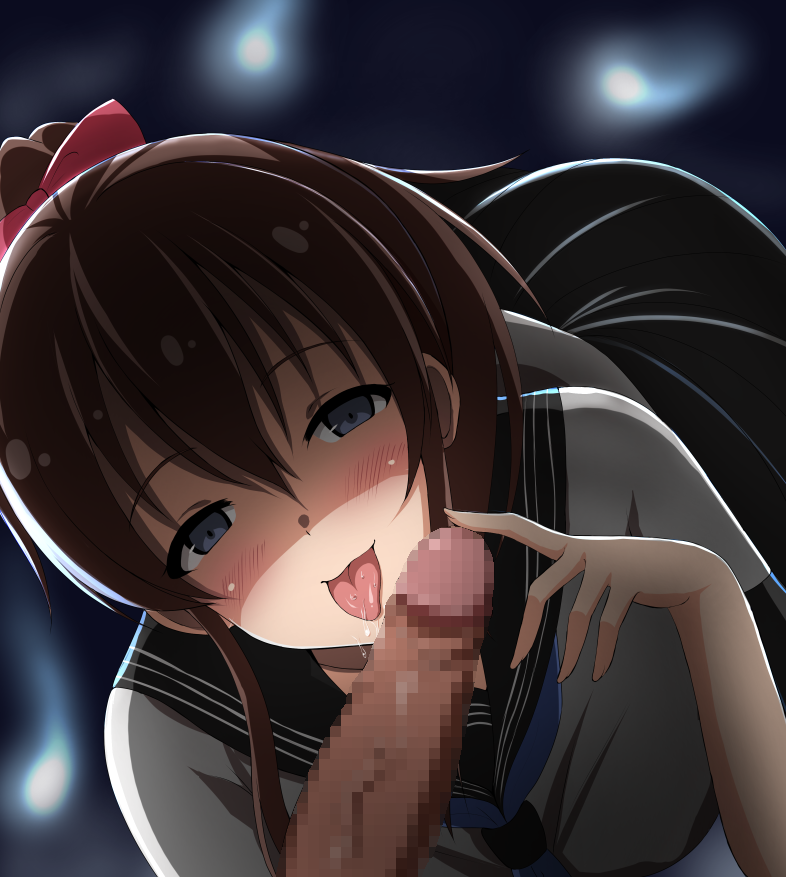 1girl blue_eyes blush bow brown_hair censored commentary_request fellatio hair_bow idolmaster idolmaster_million_live! looking_at_viewer mosaic_censoring open_mouth oral penis red_bow sailor_collar saliva satake_minako school_uniform serafuku shaded_face shadow solo_focus tongue tongue_out wonawo