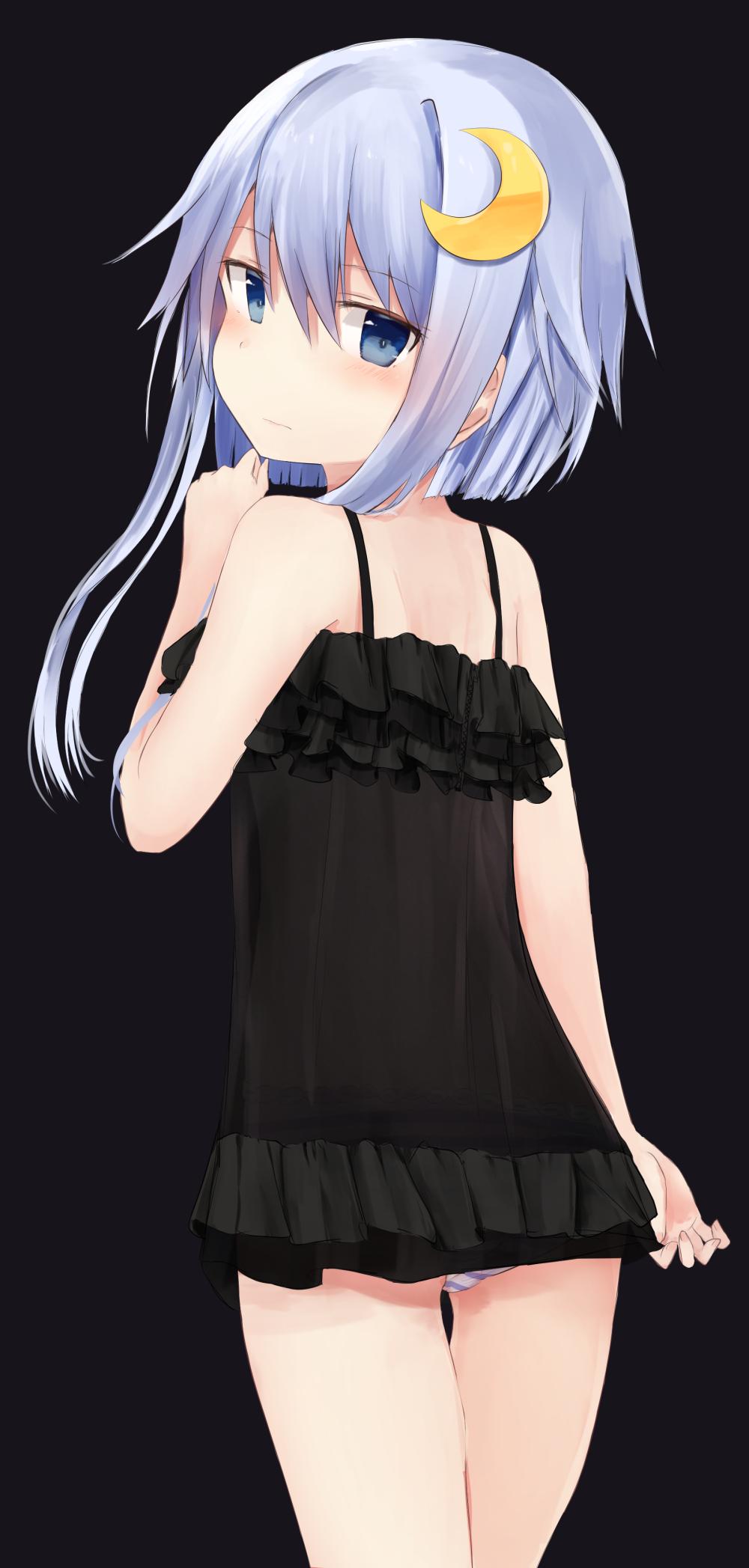 1girl alternate_costume black_background black_dress blue_eyes blue_hair cowboy_shot dress eyebrows_visible_through_hair hair_between_eyes hand_on_own_chin highres kantai_collection long_hair looking_at_viewer panties pantyshot sidelocks simple_background solo underwear yayoi_(kantai_collection) yuki_(yukin0128)