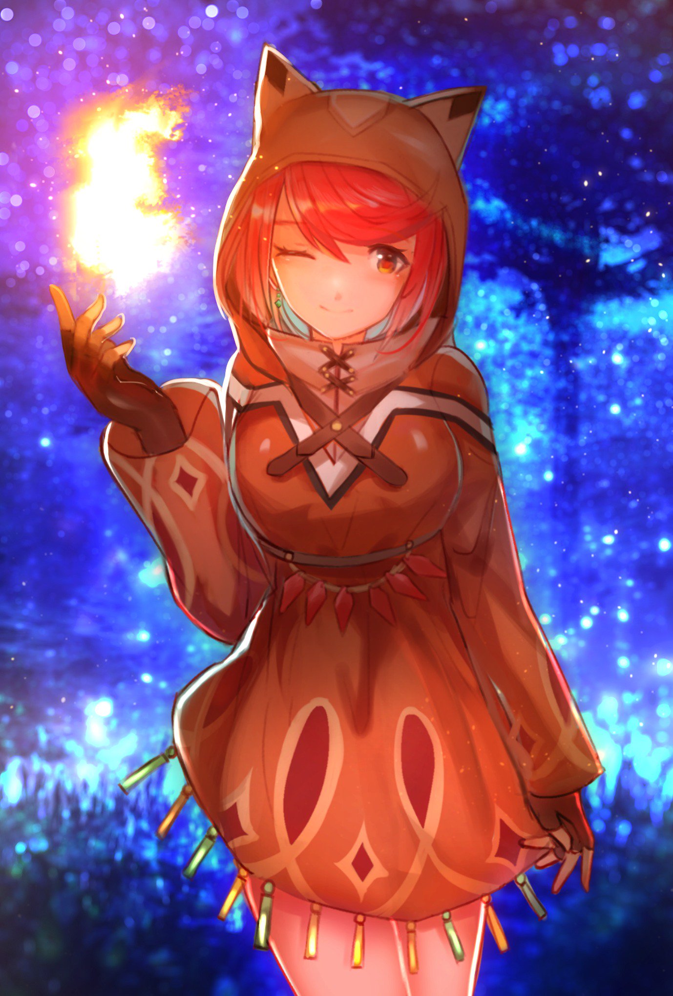 1girl animal_ears breasts cape cat_ears commentary fingerless_gloves fire gloves highres homura_(xenoblade_2) hood jewelry large_breasts looking_at_viewer night nintendo red_eyes red_hair short_hair simple_background solo star tarbo_(exxxpiation) thighhighs tiara xenoblade_(series) xenoblade_2