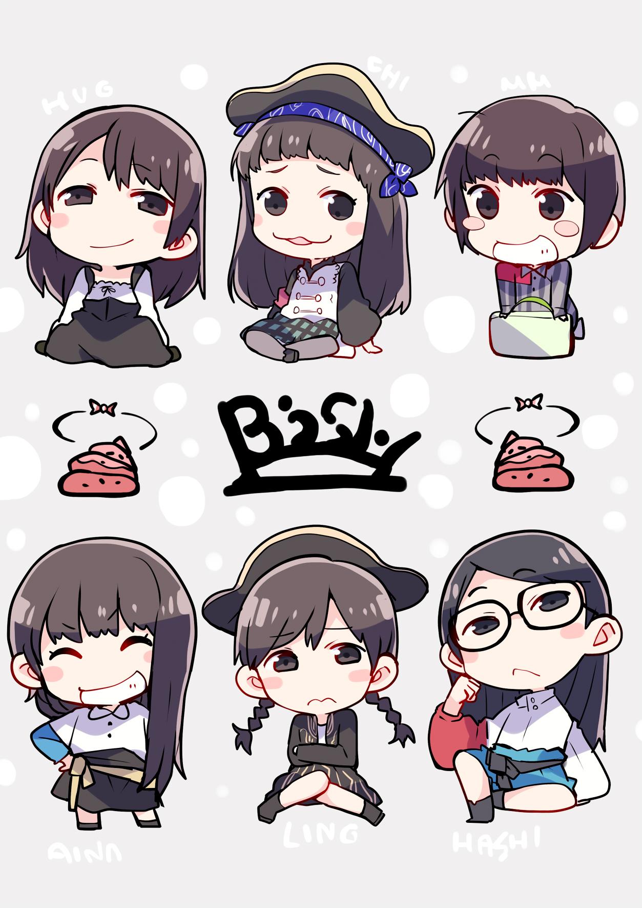 3: 6+girls :3 ^_^ bandanna bangs bish black_dress black_eyes black_hair black_headwear black_skirt blue_skirt blush_stickers brown_hair character_name chibi closed_eyes commentary_request crossed_arms dress eyes_closed frown glasses grey_background grey_legwear grin group_name half-closed_eyes hat highres long_hair long_sleeves multiple_girls pantyhose pinafore_dress pirate_hat poop real_life shirt short_hair skirt smile standing striped suitcase taneda_yuuta vertical_stripes white_shirt