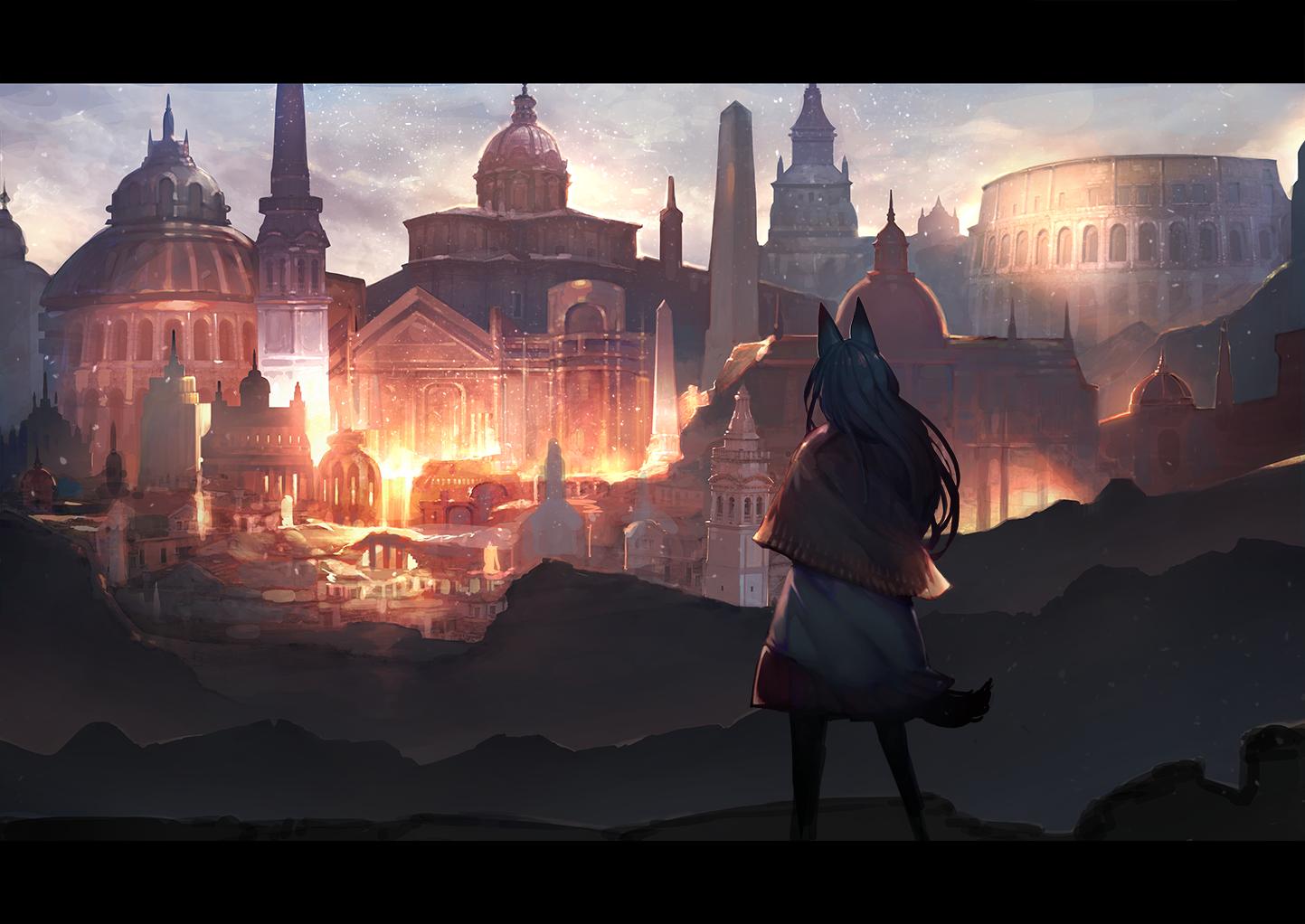 1girl animal_ears black_hair building capelet colosseum commentary_request dress feet_out_of_frame image_sample imaizumi_kagerou letterboxed long_hair onion_(onion_and_pi-natto) outdoors red_capelet solo standing tail touhou white_dress wolf_ears wolf_tail