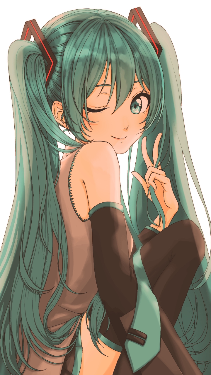 1girl ;) backlighting bare_shoulders blue_eyes blue_hair blue_neckwear detached_sleeves grey_shirt hair_between_eyes hand_in_hair happy hatsune_miku highres long_hair looking_at_viewer mo_nya_ra_(38945118) necktie one_eye_closed shirt simple_background skirt sleeveless sleeveless_shirt smile solo thighhighs thighs twintails upper_body v very_long_hair vocaloid white_background