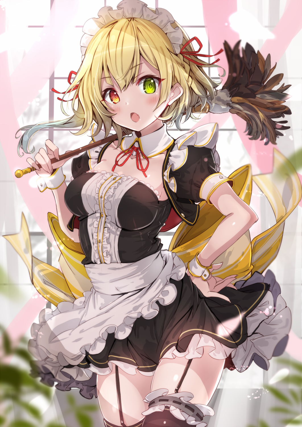 1girl :o apron bare_arms black_dress black_legwear blonde_hair blush breasts charlotte_(shironeko_project) commentary_request day detached_sleeves dress eyebrows_visible_through_hair fang frills fuku_kitsune_(fuku_fox) green_eyes hair_ornament hair_ribbon heterochromia highres indoors looking_at_viewer maid maid_apron maid_dress maid_headdress medium_breasts puffy_short_sleeves puffy_sleeves red_eyes red_ribbon ribbon shironeko_project short_dress short_hair short_sleeves sleeveless sleeveless_dress solo thighhighs window wrist_cuffs yellow_eyes zettai_ryouiki