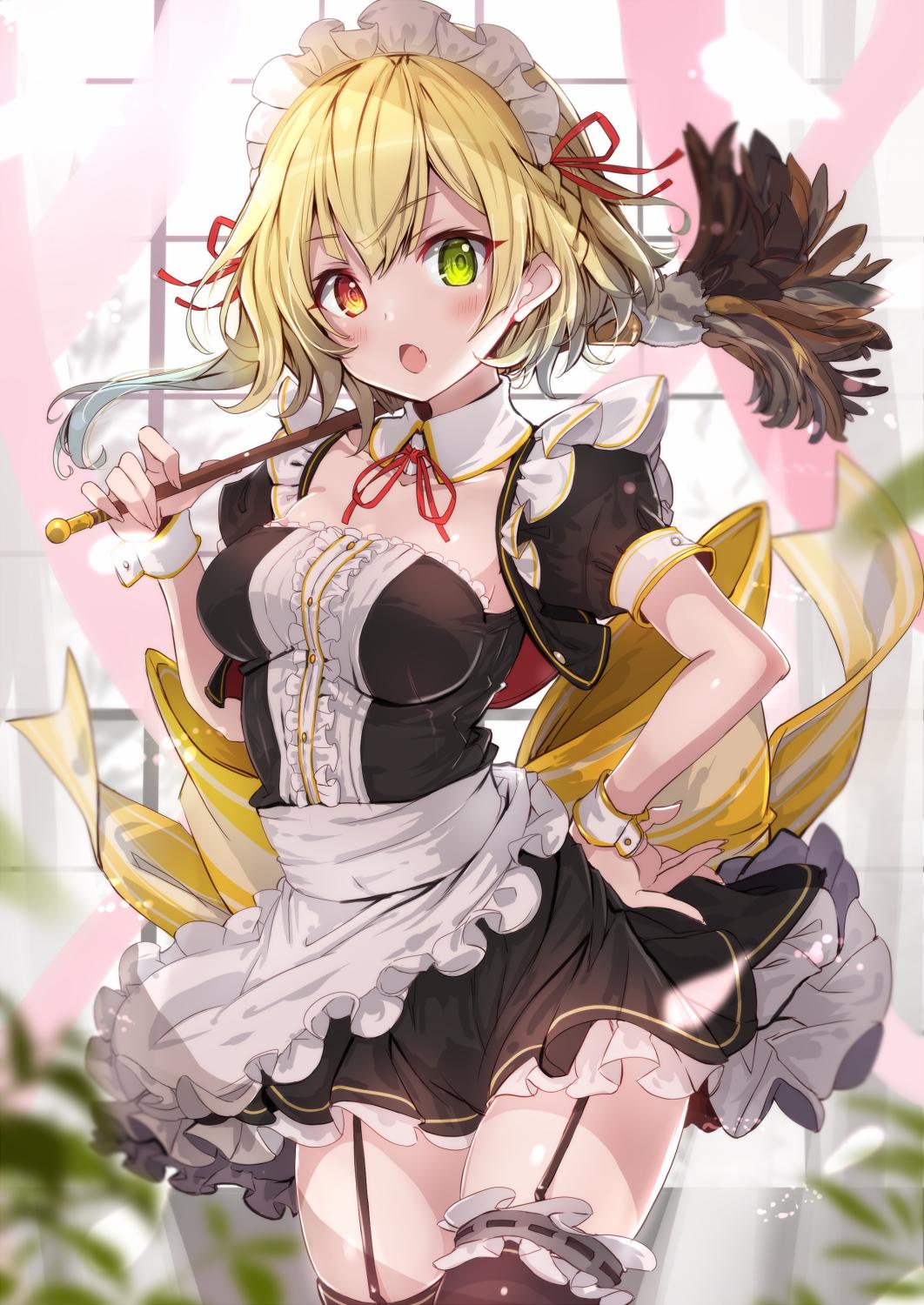 1girl :o apron bare_arms black_dress black_legwear blonde_hair blush breasts charlotte_(shironeko_project) commentary_request day detached_sleeves dress duster eyebrows_visible_through_hair fang frills fuku_kitsune_(fuku_fox) garter_straps green_eyes hair_ornament hair_ribbon heterochromia highres indoors looking_at_viewer maid maid_apron maid_dress maid_headdress medium_breasts puffy_short_sleeves puffy_sleeves red_eyes red_ribbon ribbon shironeko_project short_dress short_hair short_sleeves sleeveless sleeveless_dress solo thighhighs window wrist_cuffs yellow_eyes zettai_ryouiki