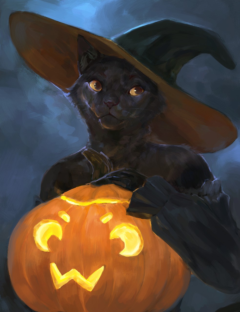 2018 anthro black_fur domestic_cat felid feline felis female food fruit fur halloween hat holidays inner_ear_fluff mammal oouna pumpkin smile solo whiskers witch_hat