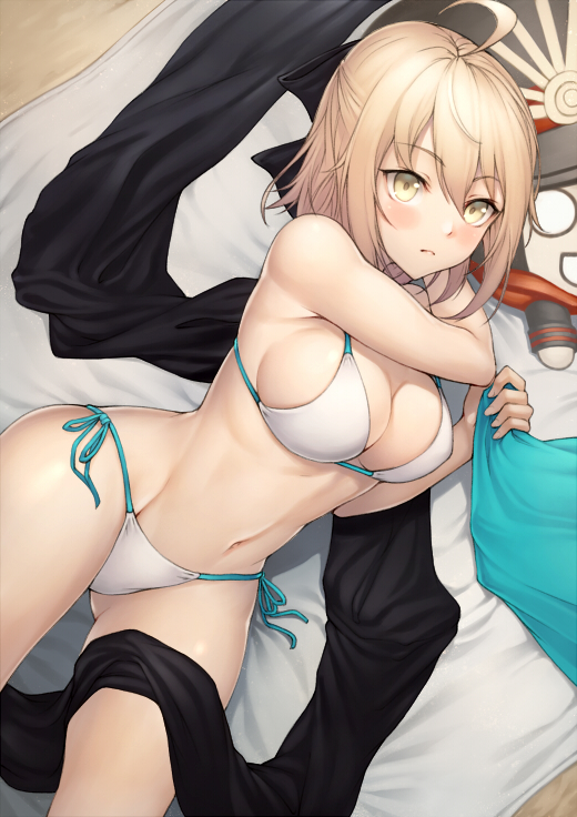 1girl ahoge bangs banned_artist bare_shoulders bikini black_bow black_scarf blonde_hair blush bow breasts cleavage closed_mouth collarbone commentary_request fate/grand_order fate_(series) hair_between_eyes hair_bow half_updo koha-ace kyoeiki looking_at_viewer lying medium_breasts navel okita_souji_(fate) okita_souji_(fate)_(all) on_side scarf short_hair solo swimsuit thighs white_bikini yellow_eyes