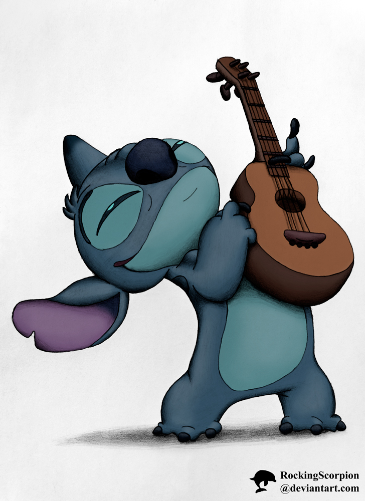 2015 3_toes alien back_markings blue_claws blue_eyes blue_fur blue_nose claws disney experiment_(species) fur head_tuft holding_musical_instrument lilo_and_stitch markings notched_ear rockingscorpion simple_background smile solo squint stitch toes tuft ukulele white_background