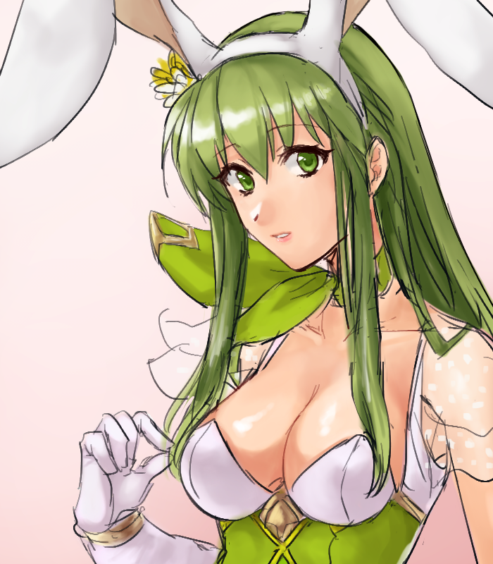 1girl animal_ears breasts bunny_ears bunnysuit cleavage eyebrows_visible_through_hair fire_emblem fire_emblem:_monshou_no_nazo fire_emblem:_shin_ankoku_ryuu_to_hikari_no_tsurugi fire_emblem_heroes flower gloves green_eyes green_hair hair_between_eyes hair_flower hair_ornament hairband hazuki_(nyorosuke) lips long_hair looking_at_viewer medium_breasts nintendo paola parted_lips pink_background simple_background sketch sleeveless smile solo straight_hair upper_body white_gloves