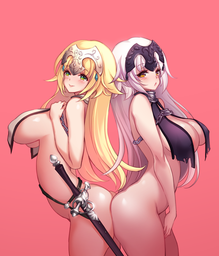 2girls ass ass-to-ass bare_arms blonde_hair blush bottomless breasts butt_crack chains cleavage closed_mouth collar eyebrows_visible_through_hair fate_(series) green_eyes jeanne_d'arc_(alter)_(fate) jeanne_d'arc_(fate) large_breasts long_hair multiple_girls pink_background purple_hair simple_background sword tiara toriseru_(thesuperhero) weapon yellow_eyes