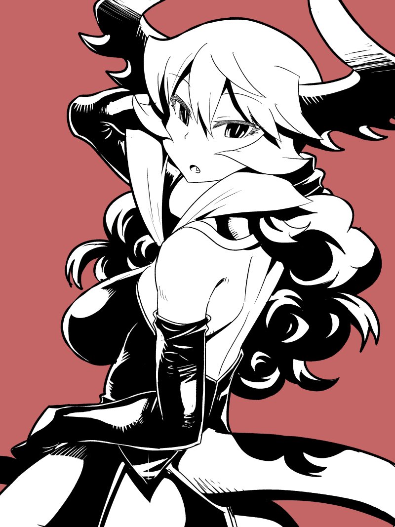 1girl breasts curly_hair demon_girl demon_horns demon_tail dress elbow_gloves fang from_behind gloves gorget hand_in_hair high_contrast horns large_breasts long_hair looking_back maou_beluzel matsuda_yuusuke monochrome pink_background revision solo strapless strapless_dress tail yuusha_to_maou
