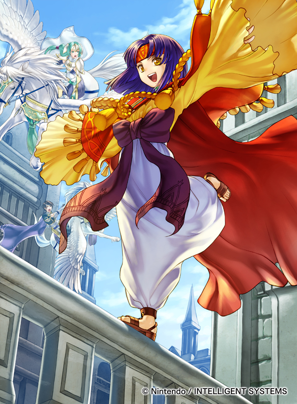 3girls blue_sky brown_hair cape cloud company_name copyright_name day fire_emblem fire_emblem:_souen_no_kiseki fire_emblem_cipher green_hair headband kita_senri leg_up long_sleeves multiple_girls nintendo official_art open_mouth outdoors outstretched_arms pegasus pegasus_knight purple_hair riding robe sanaki_kirsch_altina sandals short_hair sigrun sky sleeves_past_fingers sleeves_past_wrists spread_arms tanith yellow_eyes