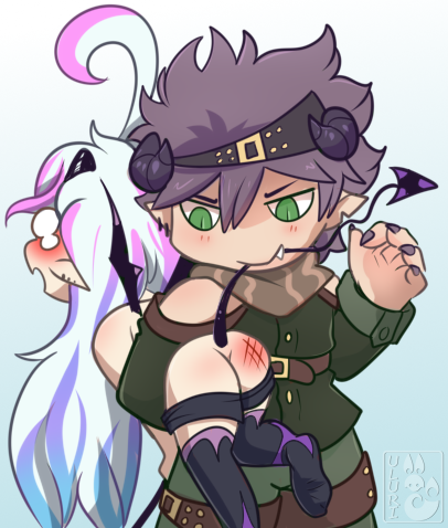 bite butt chibi clothed clothing demon female green_eyes hair horn humanoid lillin low_res male purple_hair sin spank_marks spanking tail_biting uluri white_hair wings