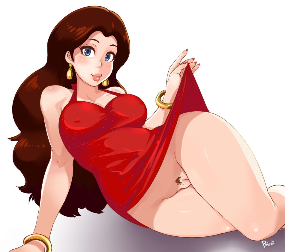 1girl bare_shoulders blue_eyes blush bottomless breasts brown_hair crystalcheese_(artist) curvy dress earrings erect_nipples eyebrows jewelry long_hair looking_at_viewer lying mario_(series) medium_breasts nintendo on_side pallasite pauline pubic_hair simple_background smile solo super_mario_bros. white_background wide_hips