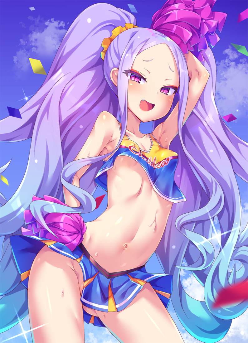 1girl :d arm_up armpits bangs bare_shoulders blue_hair blue_skirt blue_sky blush breasts cheerleader cloud collarbone confetti day fang fate/grand_order fate_(series) forehead gradient_hair groin hair_ornament hair_scrunchie holding long_hair looking_at_viewer multicolored_hair navel no_panties open_mouth outdoors parted_bangs pleated_skirt pom_poms purple_eyes purple_hair scrunchie skirt sky small_breasts smile solo toraishi_666 twintails very_long_hair wu_zetian_(fate/grand_order) yellow_scrunchie