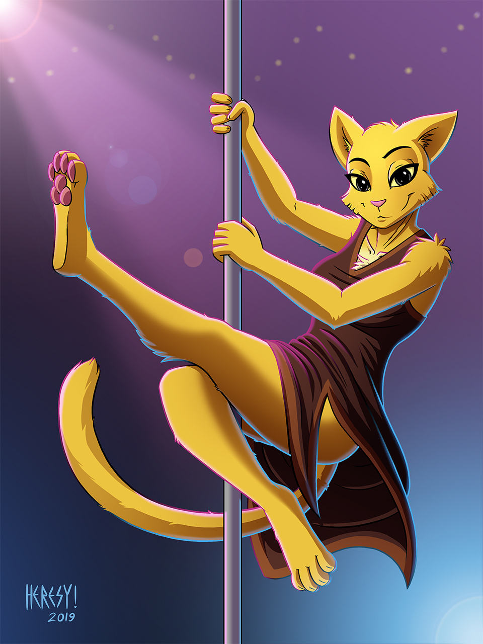 2019 anthro black_eyes breasts clothed clothing dancing dress feet felid female full_body fur heresy_(artist) hi_res katia_managan khajiit lens_flare looking_at_viewer mammal navel pawpads pink_nose pole pole_dancing prequel stripper stripper_pole the_elder_scrolls video_games yellow_fur yellow_sclera