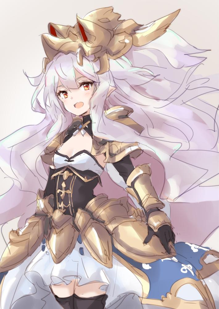 1girl armor armored_dress bangs blunt_bangs blush breasts crown fang gloves granblue_fantasy headpiece lavender_hair long_hair looking_at_viewer medusa_(shingeki_no_bahamut) open_mouth pointy_ears red_eyes shingeki_no_bahamut shoulder_armor simple_background sketch small_breasts smile solo thighhighs yu-ves