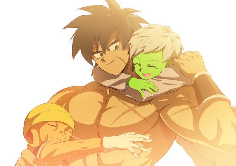 1girl 2boys :d ^_^ arms_around_neck black_eyes black_hair broly_(dragon_ball_super) cheelai closed_eyes commentary_request dragon_ball dragon_ball_super_broly eyes_closed gloves hand_on_another's_shoulder hat hug korean_commentary lemo_(dragon_ball) libeuo_(liveolivel) looking_at_another multiple_boys muscle open_mouth scar shaded_face shirtless short_hair simple_background smile sunlight upper_body white_background white_gloves white_hair wristband