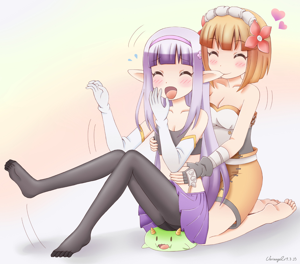 2girls biting black_legwear blonde_hair blush breasts chibi_dragon cleavage collarbone ear_biting elbow_gloves elf elnowar_seylan endro! eyes_closed fai_fai flower gloves gradient gradient_background hair_flower hair_ornament hairband medium_breasts multiple_girls open_mouth orange_background pantyhose pointy_ears purple_hair short_hair simple_background skirt small_breasts smile variangel white_gloves yuri