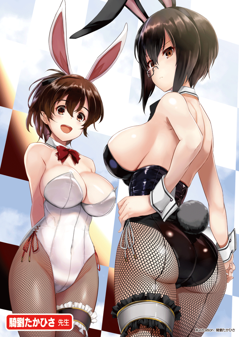 2girls :d animal_ears arms_behind_back artist_name ass back black-framed_eyewear black_hair black_legwear black_leotard black_neckwear bow bowtie breasts brown_eyes brown_hair bunny_ears bunny_tail bunnysuit checkered_wall closed_mouth covered_navel cowboy_shot detached_collar fake_animal_ears fake_tail fishnet_pantyhose fishnets frilled_garter from_behind frown garters girls_und_panzer groin hand_on_hip kawashima_momo kiryuu_takahisa koyama_yuzu large_breasts leotard long_hair looking_at_viewer looking_back monocle multiple_girls official_art open_mouth pantyhose red_neckwear semi-rimless_eyewear short_hair short_ponytail side-tie_leotard sideboob smile standing strapless strapless_leotard tail thigh_strap thighs under-rim_eyewear wall white_leotard wrist_cuffs