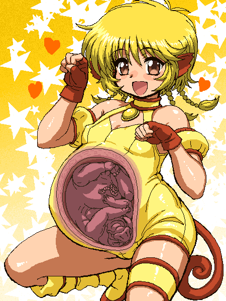 &lt;3 animal_humanoid baby blonde_hair blush breasts brown_eyes clothed clothing domestic_pig duo female fingerless_gloves fong_pudding gloves hair humanoid internal looking_at_viewer male mammal nipple_outline penis pose pregnant smile solo star suid suina sus_(pig) tenseiani tokyo_mew_mew umbilical_cord young