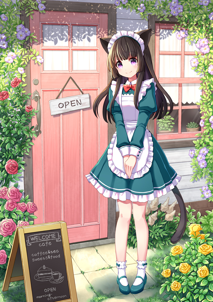 1girl animal_ears apron aqua_dress aqua_footwear bangs black_hair bow bowtie cat_ears cat_tail coconat_summer commentary_request dress flower frilled_dress frills hands_together highres long_hair long_sleeves looking_at_viewer maid maid_cafe maid_headdress mary_janes open_sign original outdoors pigeon-toed pink_flower pink_rose plant potted_plant purple_eyes purple_flower red_neckwear rose shoes sign socks solo standing tail vines white_apron white_legwear window yellow_flower yellow_rose