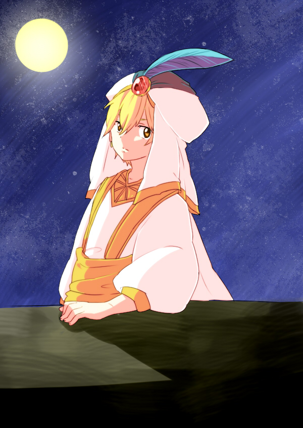 1boy aladdin_(character) aladdin_(character)_(cosplay) aladdin_(disney) ali_baba_saluja bangs blonde_hair cape commentary_request cosplay feathers full_moon gem hair_between_eyes hat_feather long_sleeves looking_at_viewer magi_the_labyrinth_of_magic male_focus moon night night_sky outdoors puffy_sleeves robe sash shadow short_hair sky solo tsu-an upper_body veil white_cape white_headwear white_robe yellow_eyes yellow_sash