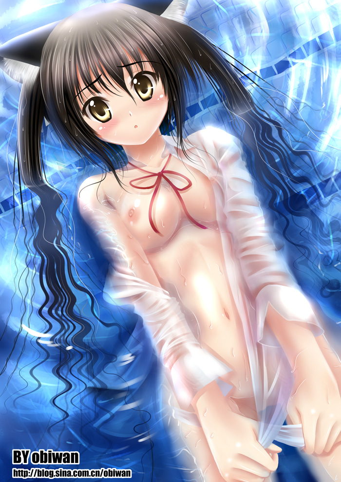 :o animal_ears bangs black_hair blush bottomless breasts cat_ears hair_between_eyes k-on! large_breasts nakano_azusa navel no_bra no_panties obiwan open_clothes open_shirt partially_submerged see-through shirt solo twintails water wet white_shirt yellow_eyes