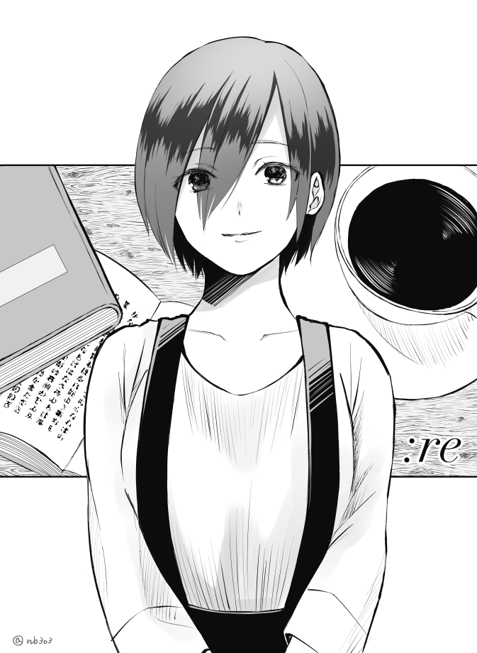 1girl apron artist_name black_apron book coffee coffee_cup collarbone cup disposable_cup dress eyebrows_visible_through_hair eyes_visible_through_hair greyscale hair_between_eyes hair_over_one_eye kirishima_touka looking_at_viewer monochrome nabe-box plate purple_hair shadow shirt short_hair simple_background smile solo table tokyo_ghoul tokyo_ghoul:re white_background white_shirt wood