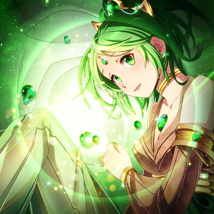 1girl armlet diamond_(gemstone) dress earrings emerald_(gemstone) esmeralda flower forehead_jewel gem green_dress green_eyes green_hair green_theme hair_ornament hair_strand hand_on_own_chest headdress jewelry legend_of_mana long long_hair neck_ring seiken_densetsu