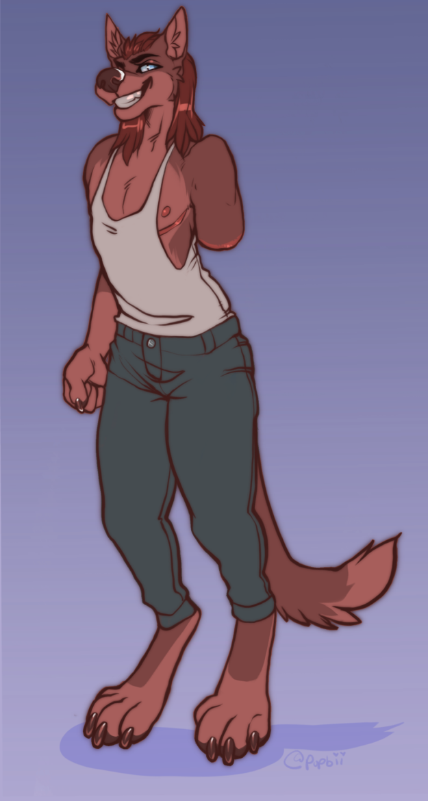 2019 5_fingers amputee anthro brown_hair brown_nose canid canine canis clothed clothing digital_media_(artwork) domestic_dog hair male mammal mastectomy_scars purple_background rokemi scar simple_background smile solo standing visibly_trans