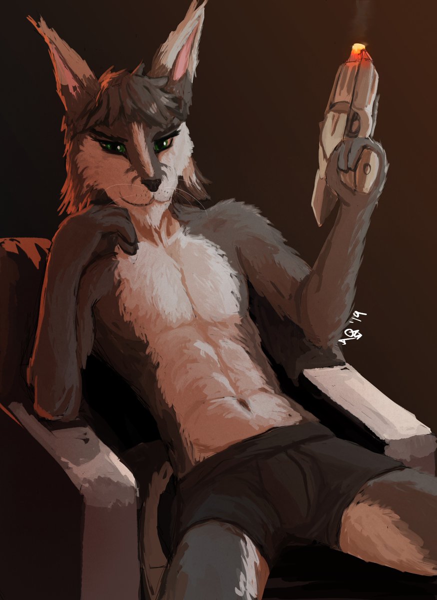 2019 anthro aquaticas bobcat boxer_briefs bulge clothed clothing digital_media_(artwork) felid feline fur green_eyes grey_fur gun hair hi_res looking_at_viewer lynx male mammal navel ranged_weapon signature simple_background sitting smile solo topless underwear underwear_only weapon whiskers white_fur