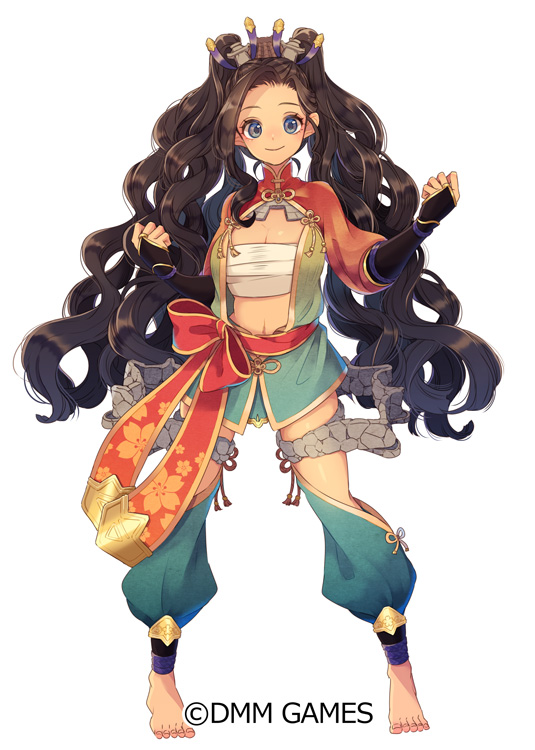 1girl barefoot black_hair blue_eyes breasts bridal_gauntlets brown_hair cleavage clenched_hand company_name feet full_body hair_ornament long_hair midriff nakijin_(oshiro_project) natuki_miz navel official_art oshiro_project_re sarashi sash simple_background smile standing very_long_hair wavy_hair white_background