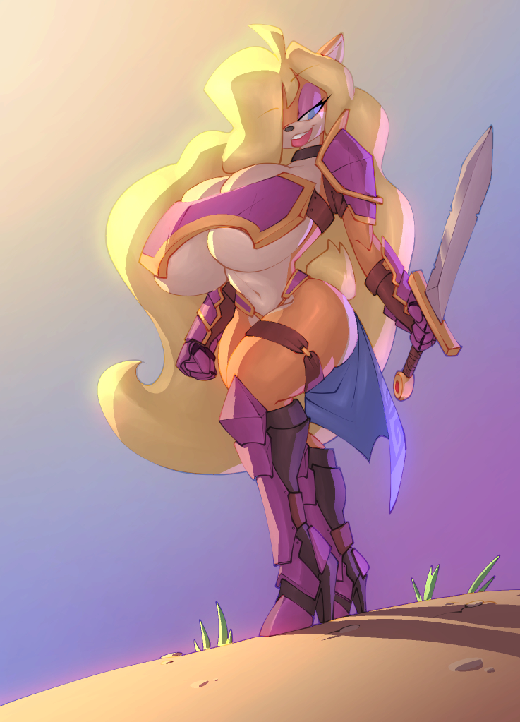 anthro bandicoot big_breasts bigdad breasts clothed clothing crash_bandicoot_(series) curvaceous female huge_breasts looking_at_viewer makeup mammal marsupial melee_weapon skimpy smile solo standing sword tawna_bandicoot thick_thighs video_games weapon