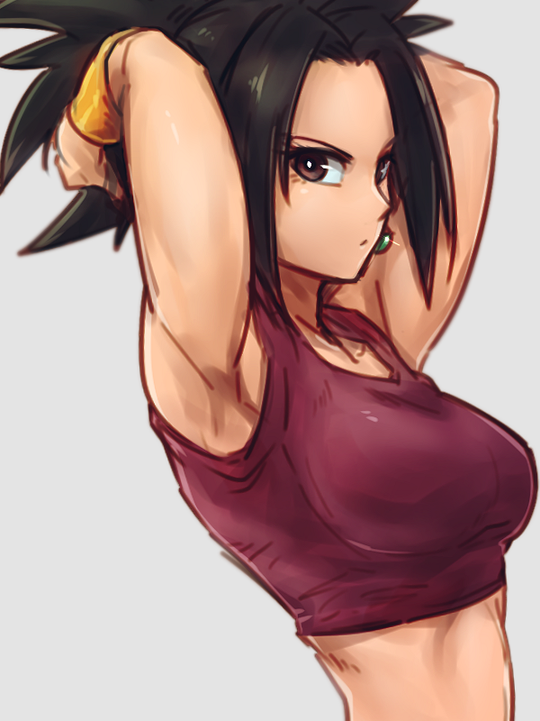 1girl armpits arms_up black_hair bracer breasts brown_eyes closed_mouth collarbone commentary_request dragon_ball dragon_ball_super earrings expressionless flat_color fusion grey_background jewelry kefla_(dragon_ball) looking_at_viewer medium_breasts potara_earrings red_shirt shirt solo spiked_hair st62svnexilf2p9 stomach tank_top toned