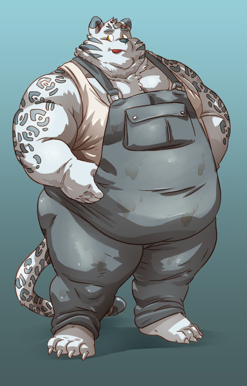 anthro barefoot belly big_belly big_butt blue_background butt chubby_cheeks claws clothed clothing double_chin felid fur hi_res male mammal markwulfgar moobs obese obese_male overalls overweight overweight_male pantherine simple_background snow_leopard solo spots spotted_fur standing thick_thighs toe_claws tongue tongue_out white_fur