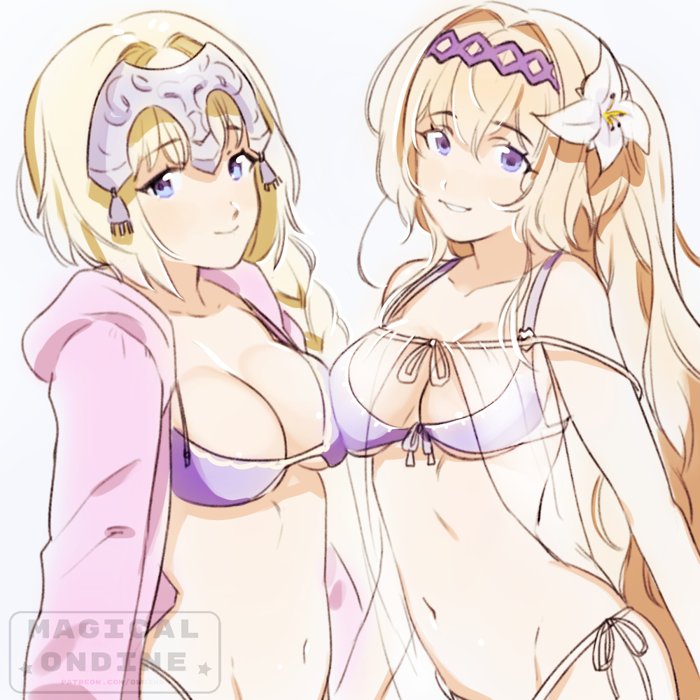 2girls artist_name artist_request bikini blonde_hair breasts fate/apocrypha fate/grand_order fate_(series) flower from_side granblue_fantasy groin hair_between_eyes hair_flower hair_ornament headpiece jeanne_d'arc_(fate)_(all) jeanne_d'arc_(granblue_fantasy) long_braid long_hair magical_ondine medium_breasts multiple_girls namesake navel purple_eyes see-through side-tie_bottom smile swimsuit swimsuit_under_clothes white_background