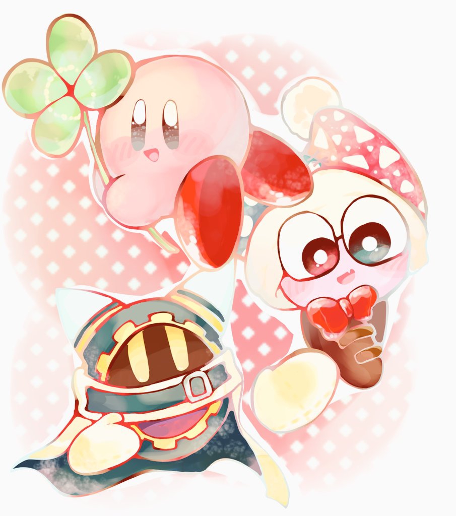 brown_footwear cape clover floating_hand four-leaf_clover hat hood jester_cap kananishi kirby kirby_(series) magolor marx nintendo pastel_colors patterned_background red_neckwear sparkling_eyes