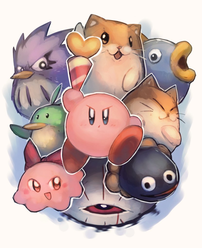 &gt;3 :d blood blue_eyes chuchu_(kirby) coo_(kirby) gooey kine_(kirby) kirby kirby's_dream_land_3 kirby_(series) looking_at_viewer nago_(kirby) nintendo open_mouth pitch_(kirby) red_sclera rick_(kirby) shiburingaru smile wand whiskers zero_(kirby)