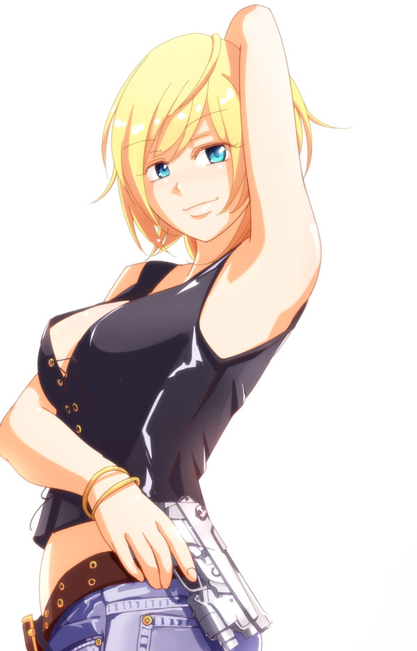 1girl aya_brea bare_shoulders blonde_hair blue_eyes breasts cleavage denim gun handgun holding holding_gun holding_weapon jeans jewelry necklace open_clothes pants parasite_eve parasite_eve_the_3rd_birthday pe pistol saishichi simple_background smile solo the_3rd_birthday weapon white_background