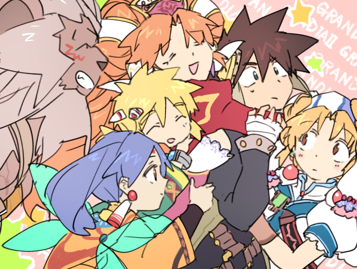 breasts character_request closed_mouth commentary_request dress elena_(grandia) grandia grandia_ii hamagurihime long_hair mareg_(grandia) millenia_(grandia) multiple_boys multiple_girls roan_(grandia) ryudo_(grandia) short_hair smile tio_(grandia)