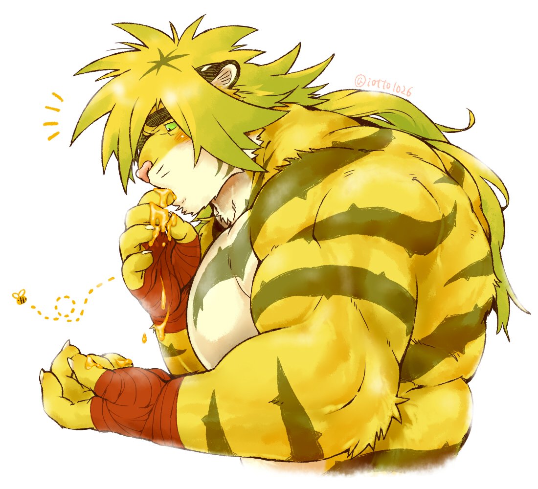 anthro arthropod bee biceps big_pecs blonde_hair clothing felid fingerless_gloves fur gloves green_eyes hair handwraps honey hymenopteran insect iotto1026 long_hair magan male mammal muscular muscular_male pantherine pecs solo striped_fur stripes tiger tokyo_afterschool_summoners video_games yellow_fur