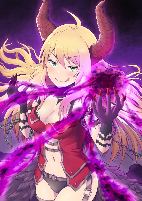 1girl ahoge belt black_panties blonde_hair blush breasts brown_belt chains cleavage commentary_request dark demon_girl demon_horns eyebrows_visible_through_hair feathers fingernails green_eyes hair_between_eyes horns hoshii_miki idolmaster idolmaster_million_live! jacket large_breasts long_hair looking_at_viewer magic nail_polish navel panties red_horns red_jacket red_nails sagamiya_(sgmy777) sharp_fingernails shirt sleeveless sleeveless_shirt smile solo tongue tongue_out underwear