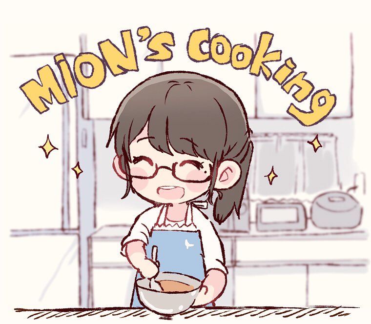 1girl :d ^_^ akb48 apron bangs blue_apron blurry blurry_background blush bowl character_name chibi closed_eyes commentary cooking english_commentary english_text eyes_closed kitchen long_hair mole mole_under_eye mukaichi_mion open_mouth ponytail real_life rice_cooker shirt sidelocks smile solo sparkle spoon stirring taneda_yuuta upper_body white_shirt