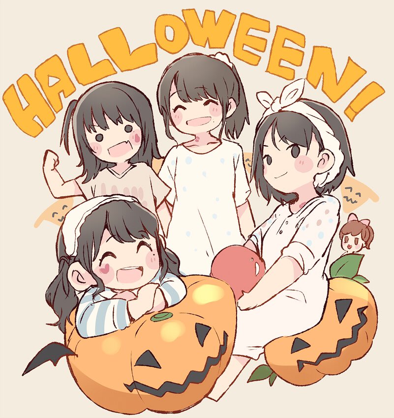 &gt;:) 5girls ^_^ akb48 bangs beige_background black_hair blush bow brown_hair clenched_hand closed_eyes commentary_request eyes_closed facial_mark hair_bow halloween hand_up heart holding jack-o'-lantern katou_rena long_hair long_sleeves looking_at_viewer mole mole_under_eye mole_under_mouth mukaichi_mion multiple_girls nightgown nightshirt one_side_up ooshima_ryouka pajamas pink_bow ponytail real_life short_hair short_sleeves sidelocks sitting takahashi_jyuri taneda_yuuta towel towel_on_head twintails
