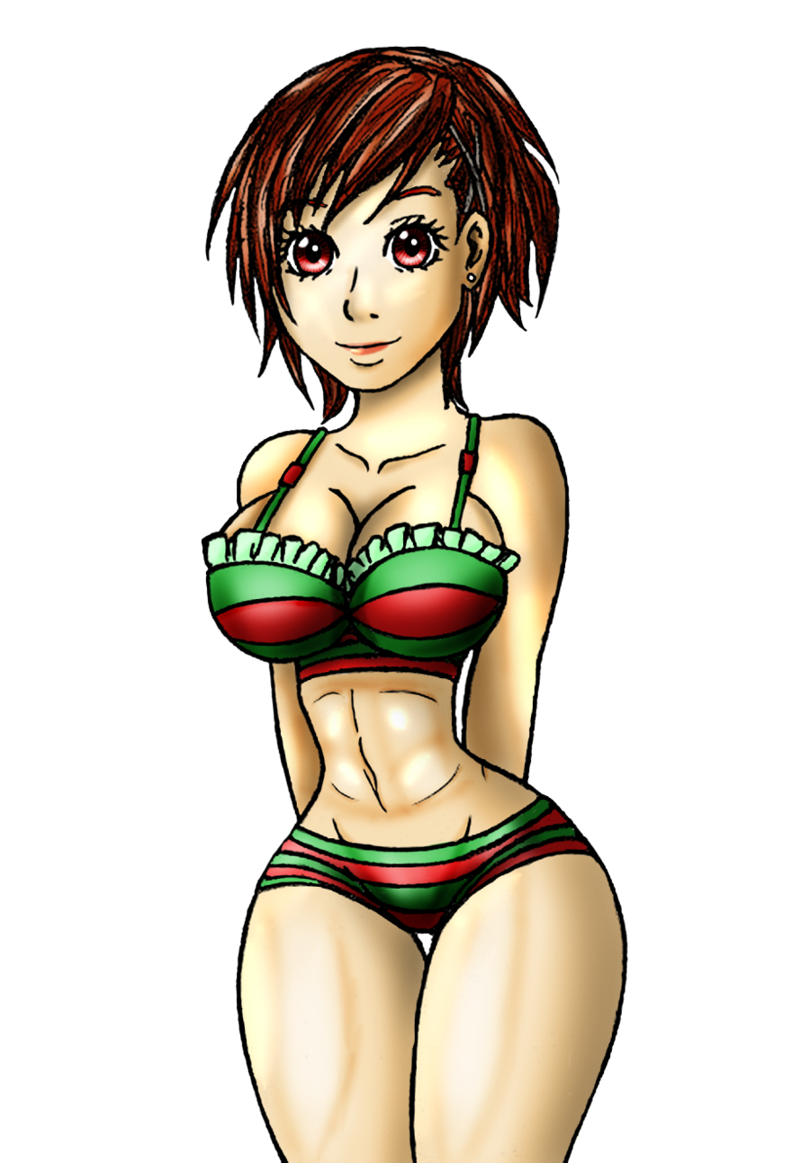 1girl atlus breasts cleavage curvy dengeki_matsuko earring female_protagonist_(persona_3) highres large_breasts lips looking_at_viewer midriff navel persona persona_3 persona_3_portable red_eyes red_hair short_shorts shorts swimsuit technician67 thigh_gap thighs