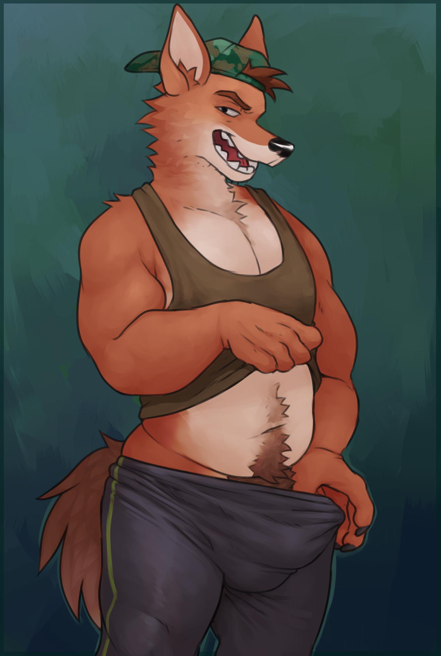 body_hair bulge canid canine canis clothed clothing clothing_lift domestic_dog glitter_trap_boy happy_trail hat hi_res male mammal shirt shirt_lift solo sweat_pants tank_top