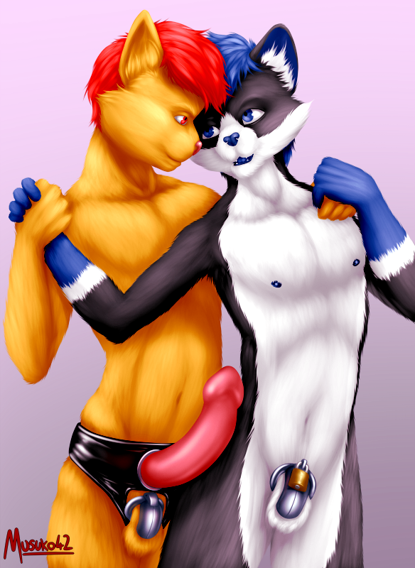 2018 anthro balls chastity chastity_cage digital_media_(artwork) dildo duo eye_contact felid feline hair happy leopold_(waitforrain) looking_at_another male male/male mammal musuko42 musuko_(character) nipples nude realistic sex_toy strapon