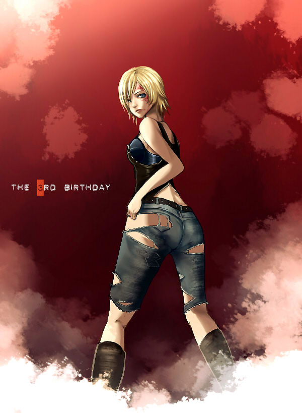 1girl ass aya_brea bare_shoulders belt blonde_hair blue_eyes breasts denim jeans large_breasts no_panties pants parasite_eve parasite_eve_the_3rd_birthday short_hair sideboob solo the_3rd_birthday torn_clothes