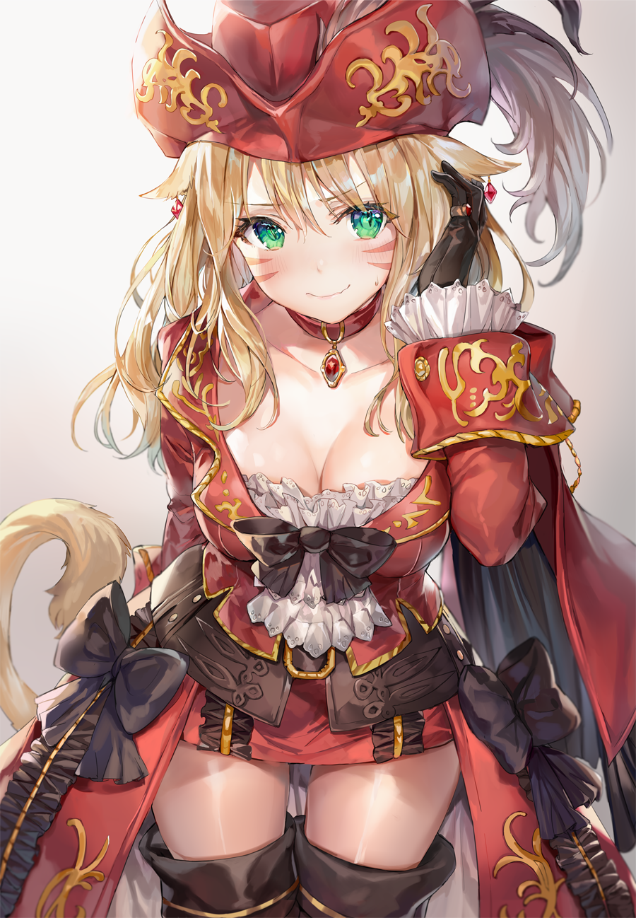 1girl animal_ears belt black_belt black_bow black_gloves black_legwear blonde_hair blush bow breasts cat_ears cleavage closed_mouth collar collarbone commentary_request cowboy_shot earrings eyebrows_visible_through_hair facial_mark fang final_fantasy final_fantasy_xiv frills fur gloves green_eyes hair_between_eyes hat highres jacket jewelry large_breasts long_hair long_sleeves looking_at_viewer miniskirt miqo'te momoko_(momopoco) necklace red_collar red_headwear red_jacket red_mage red_skirt ring simple_background skirt smile solo standing sweat tail thighhighs wavy_mouth zettai_ryouiki