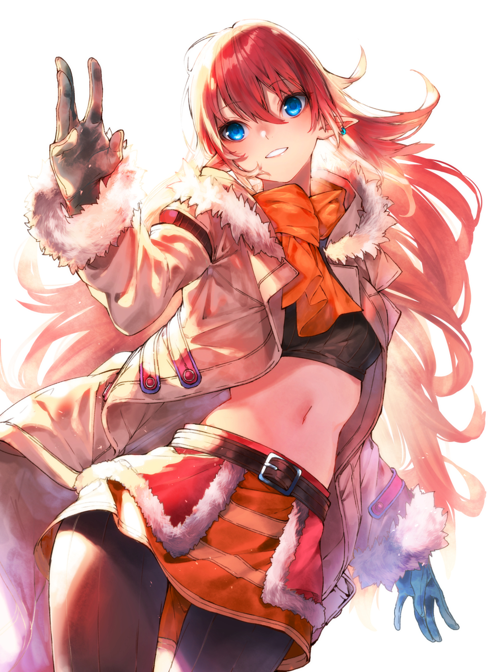 1girl bangs belt black_shirt blue_eyes blue_gloves breasts brown_belt brown_coat brown_legwear coat commentary_request cowboy_shot crop_top earrings eyebrows_visible_through_hair fur-trimmed_coat fur_collar fur_trim gloves grin hair_between_eyes hand_up head_tilt highres jewelry kuwashima_rein long_hair long_sleeves looking_away midriff miniskirt navel open_clothes open_coat orange_scarf orange_skirt pantyhose pocket pointy_ears red_hair rune_factory rune_factory_3 scarf shirt simple_background skirt small_breasts smile solo standing toona trench_coat very_long_hair white_background